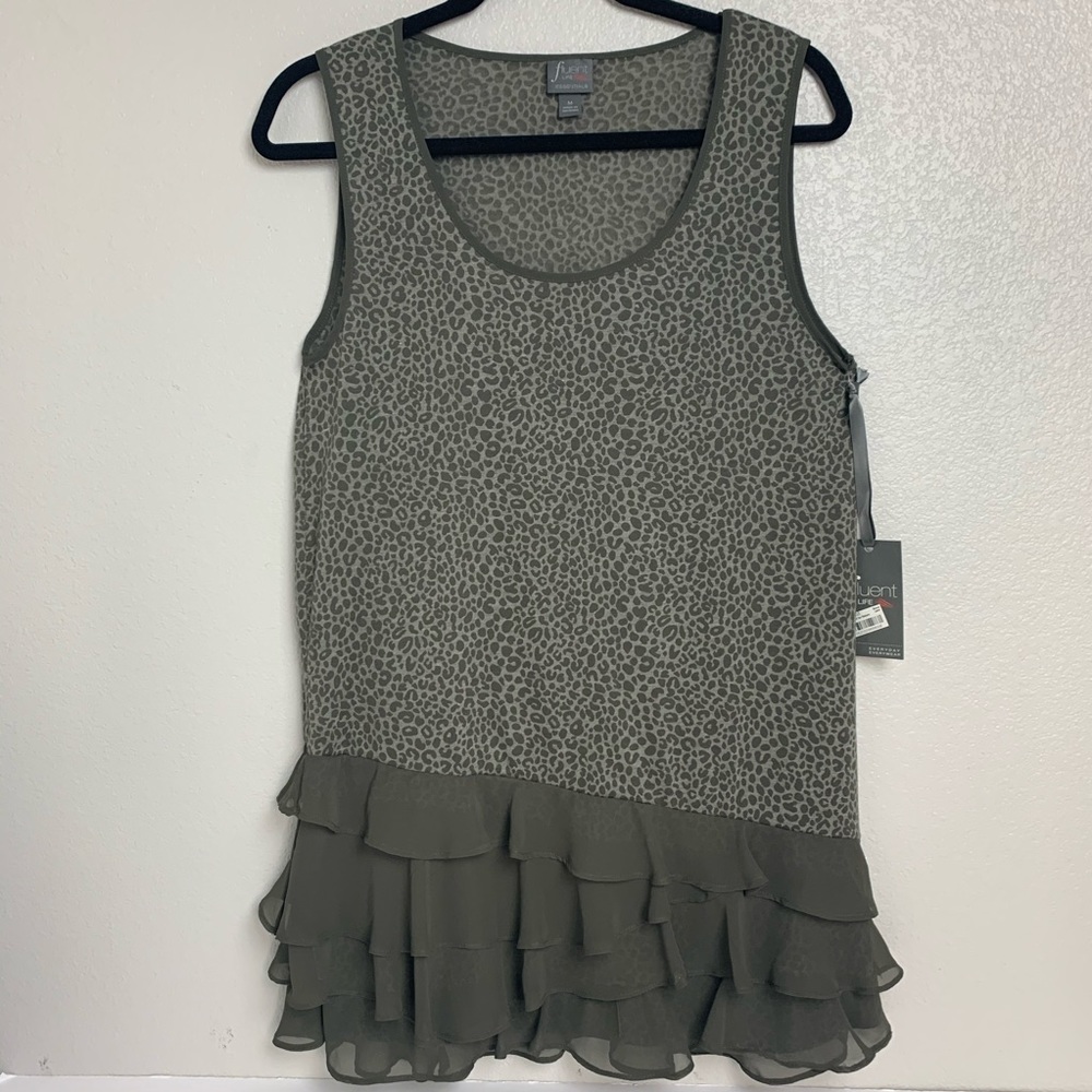 Fluent Life Tunic Top Women’s Size M Olive Animal Print Ruffle NWT